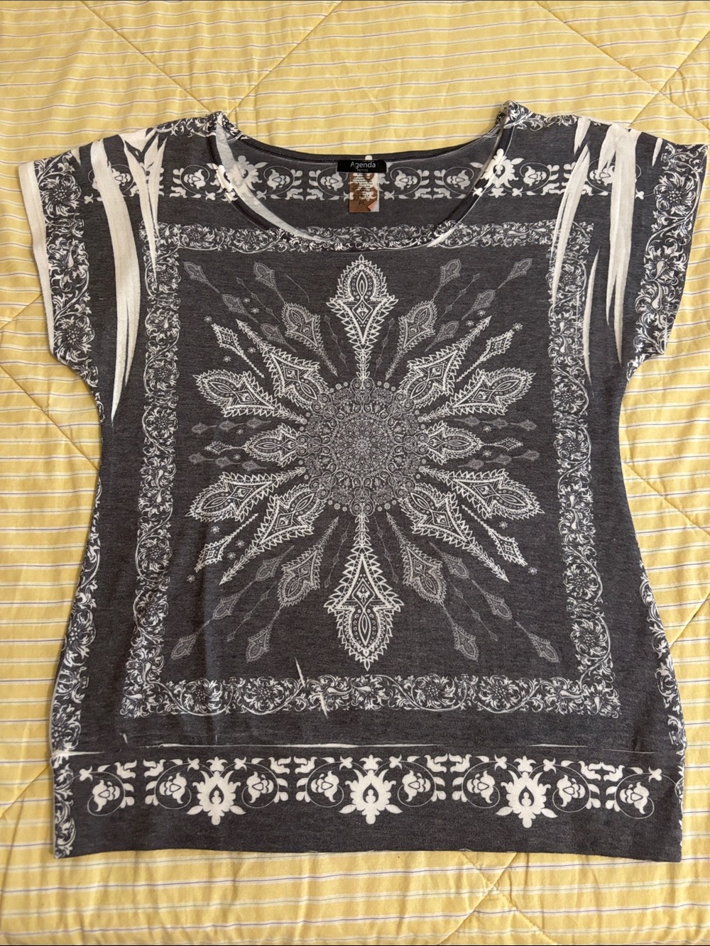 Charcoal Gray Short Sleeve Top with White Medallion Print, Petite Large